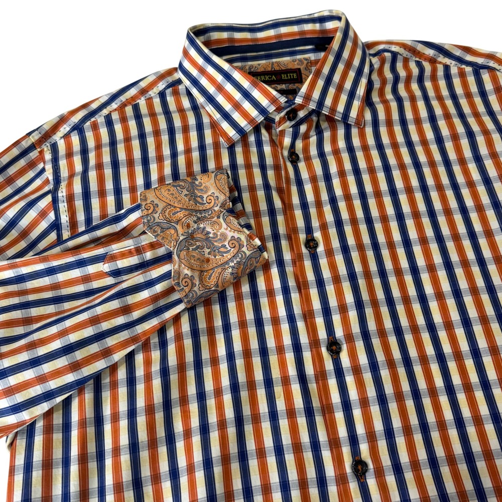 Mens XL Plaid Button Down Shirt Paisley Cuff Smart Casual Dress Shirt